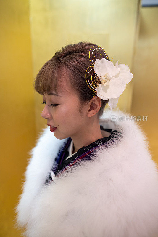 Side view of young woman in ‘Furisode’ kimono with fur neck stole standing in front of golden ‘Byobu’ folding screen for ‘Seijin Shiki’ coming-of-age ceremony